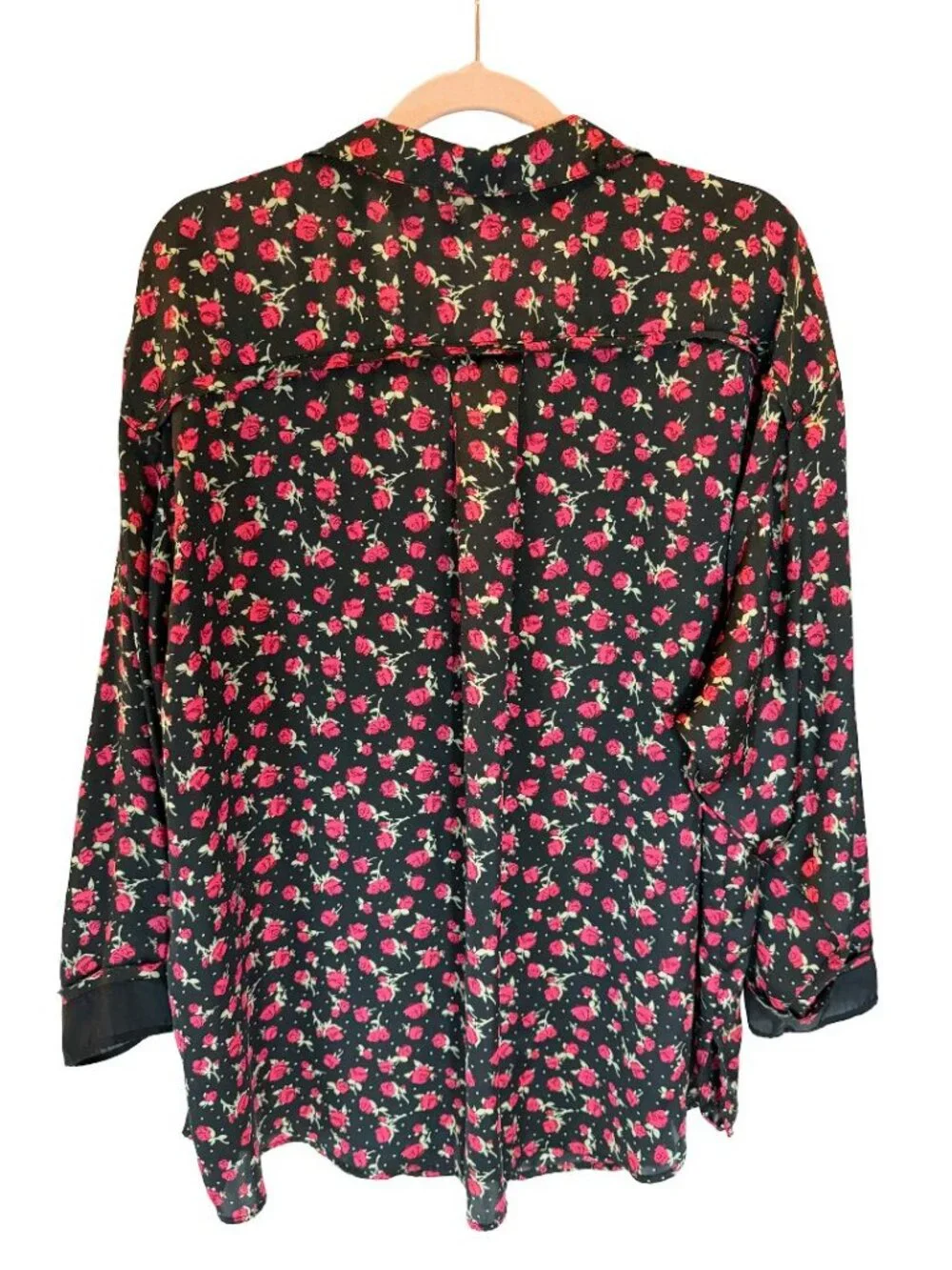 Free People Women’s Silk Floral Button Up Blouse Black Red Boho Top.